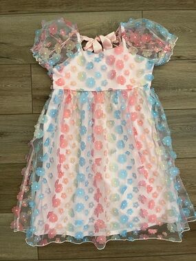 Pastel Floral Puffed Sleeve Ombré Mesh Tulle Party Dress for Girls - Pink
